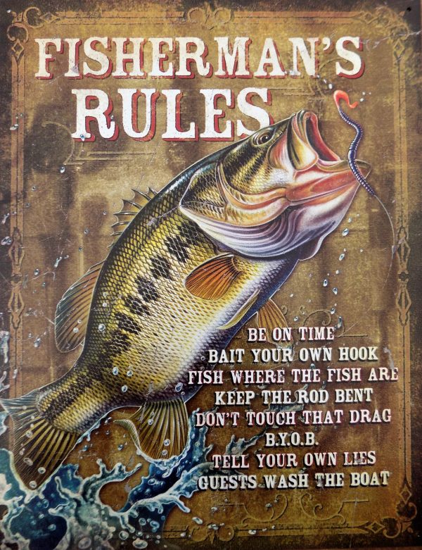 plaque métal vintage FISHERMAN'S RULES pêche poisson
