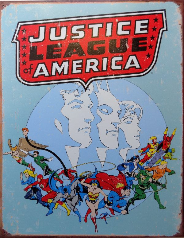 Plaque métal Américaine vintage JUSTICE LEAGUE OF AMERICA RETRO