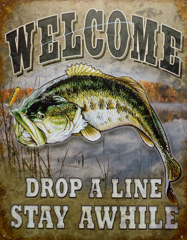 plaque métal Américaine WELCOME DROP A LINE pêche poisson
