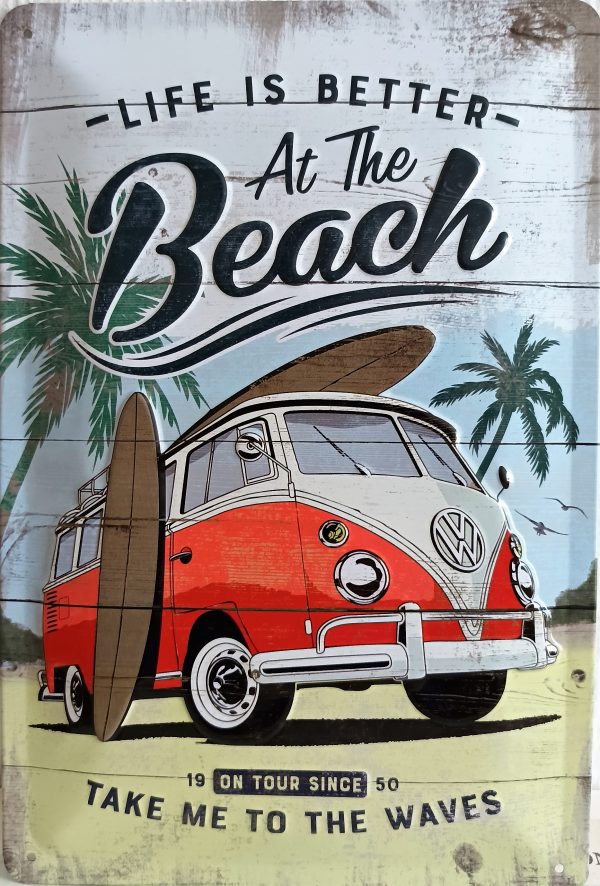 plaque métal Volkswagen vw combi at the beach surf