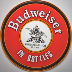 plaque métal vintage bière BUDWEISER IN BOTTLES