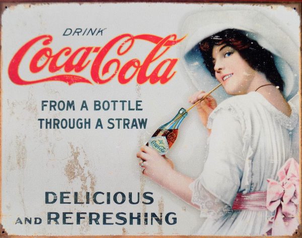 plaque métal vintage COCA COLA through a straw retro 1900