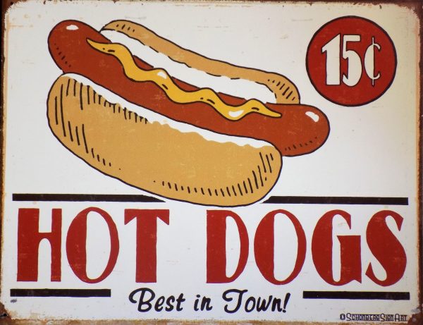 plaque métal vintage HOT DOGS best in town