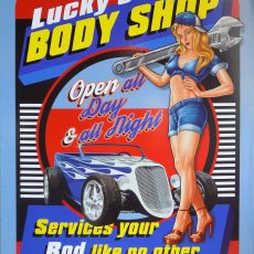 plaque métal vintage LUCKY'S BODY SHOP PIN UP HOT ROD