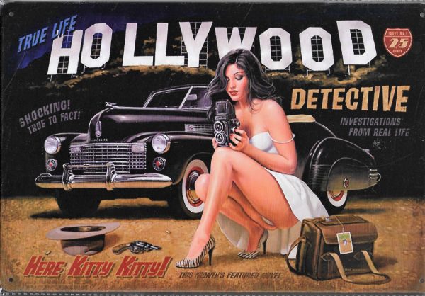 plaque métal vintage PIN UP HOLLYWOOD detective voiture Américaine