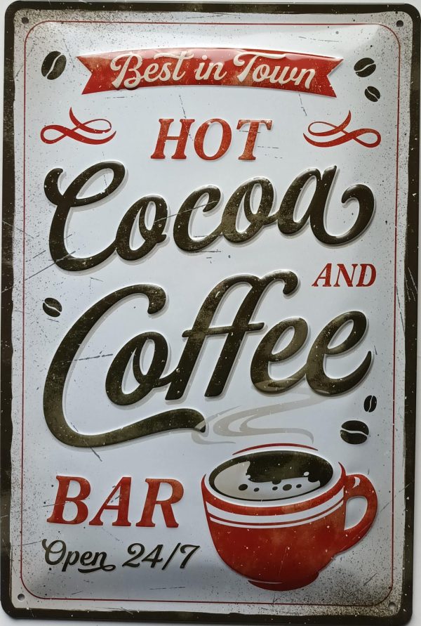 Plaque métal vintage HOT COCOA and COFFEE café & cacao chocolat