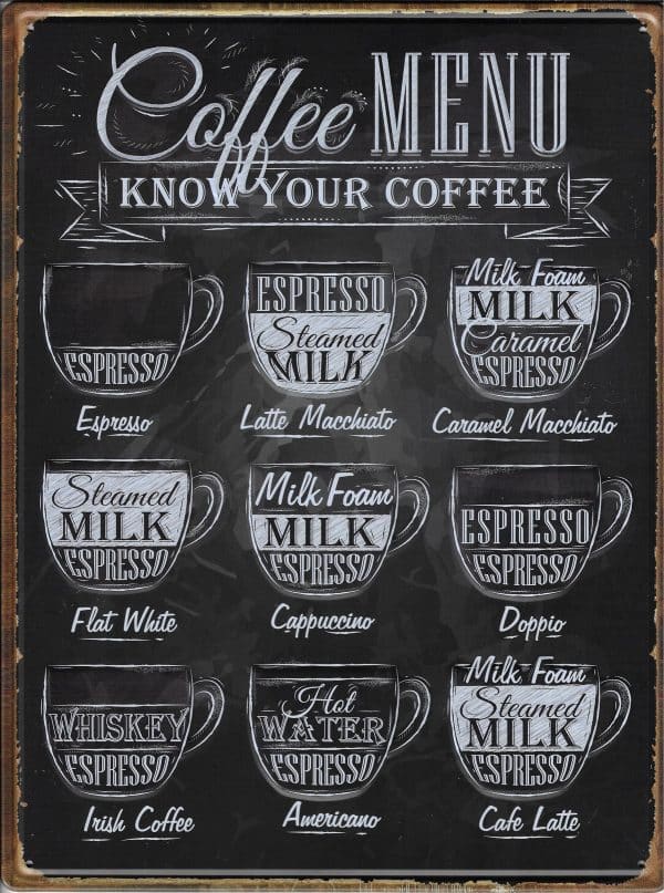 plaque métal vintage menu coffee café espresso cappuccino