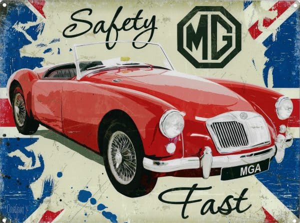 plaque métal vintage MG MGA SAFETY FAST